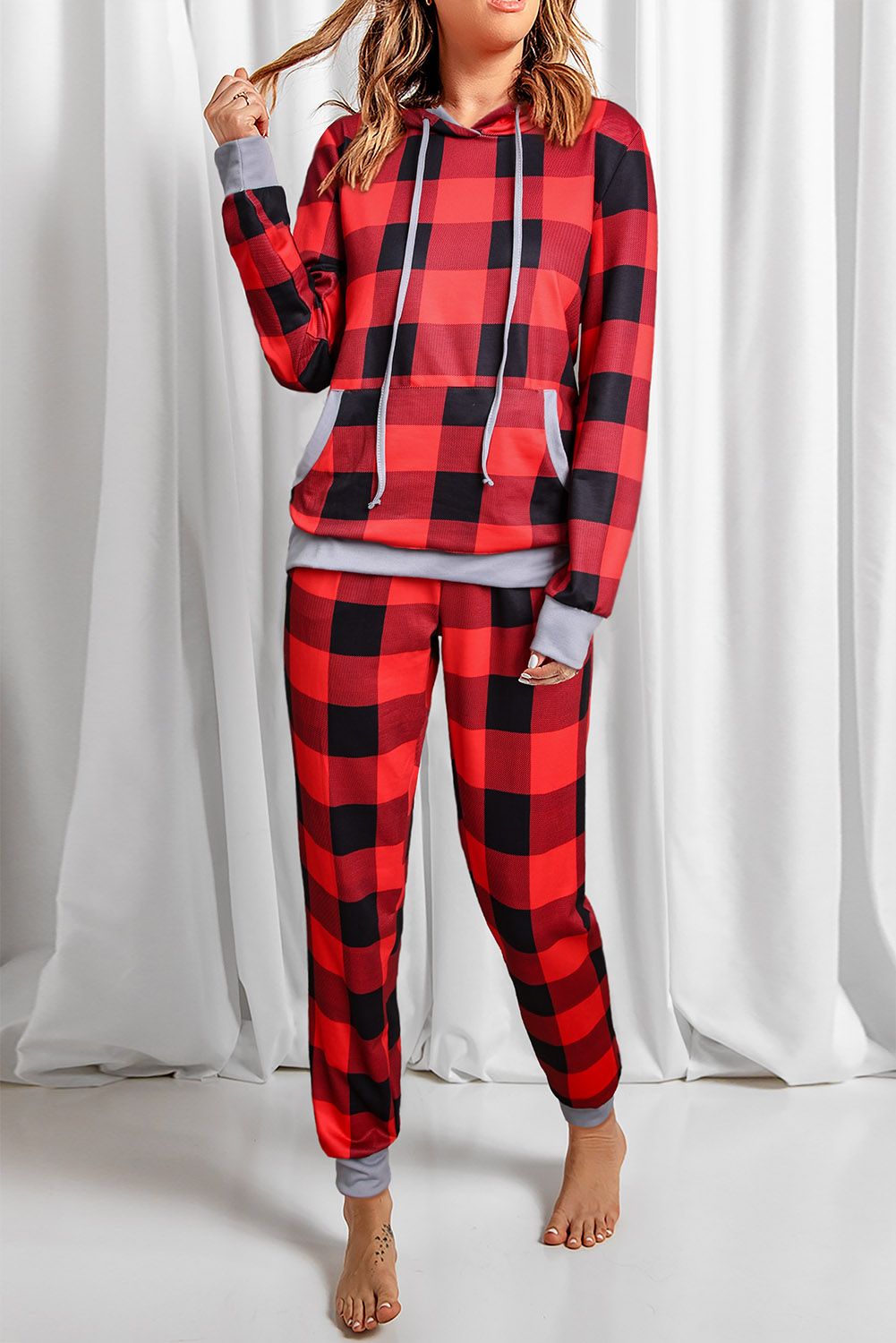 Red Plaid Pocket Drawstring Christmas Hooded Lounge Sets
