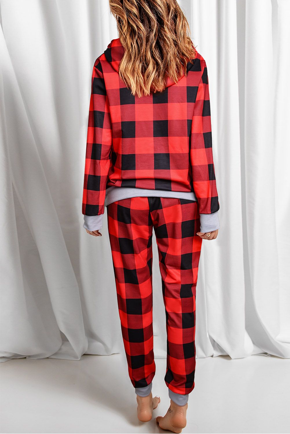 Red Plaid Pocket Drawstring Christmas Hooded Lounge Sets