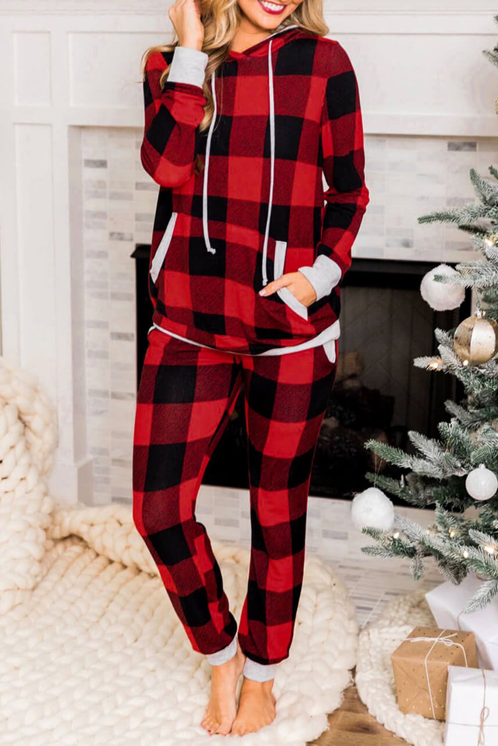 Red Plaid Pocket Drawstring Christmas Hooded Lounge Sets