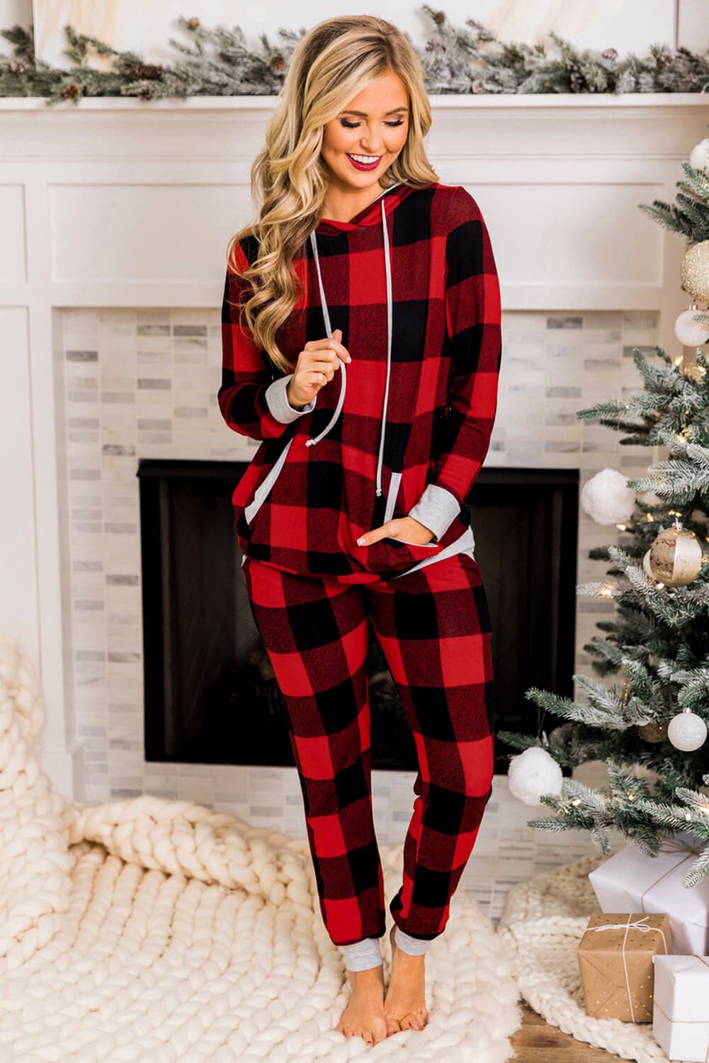 Red Plaid Pocket Drawstring Christmas Hooded Lounge Sets