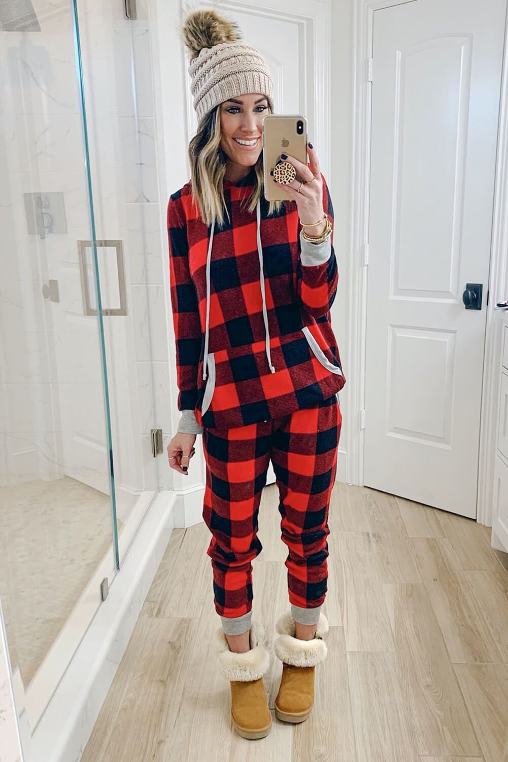 Red Plaid Pocket Drawstring Christmas Hooded Lounge Sets