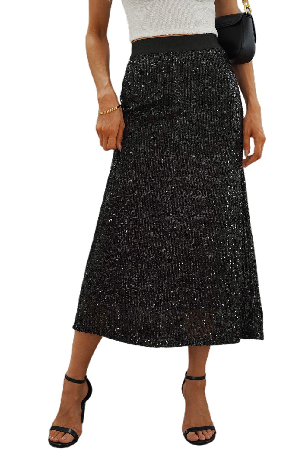 Black Sequin High Waist Bodycon Mid Skirt
