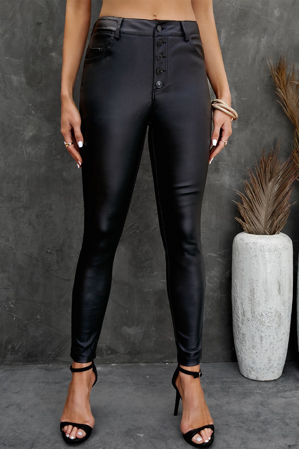 Faux Leather Button Fly High Waist Skinny Fit Pants