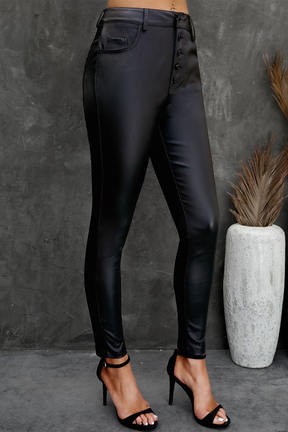 Faux Leather Button Fly High Waist Skinny Fit Pants