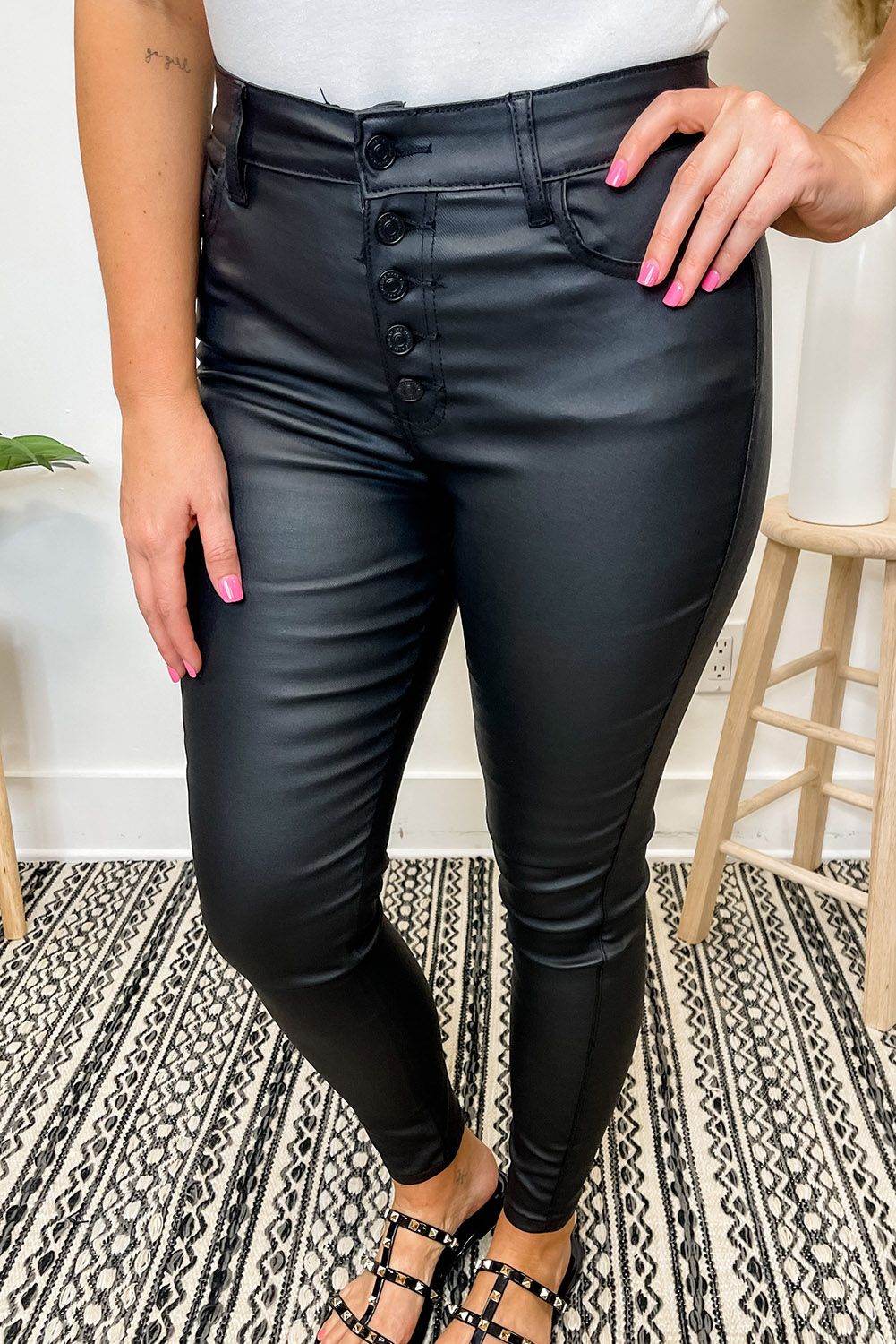 Faux Leather Button Fly High Waist Skinny Fit Pants