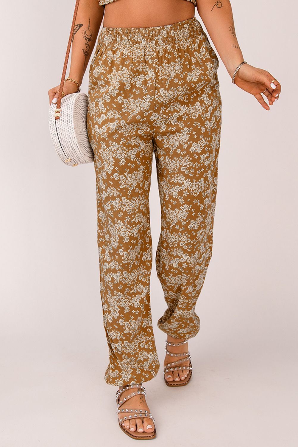 Orange Boho Floral Print Elastic Waist Jogger Pants