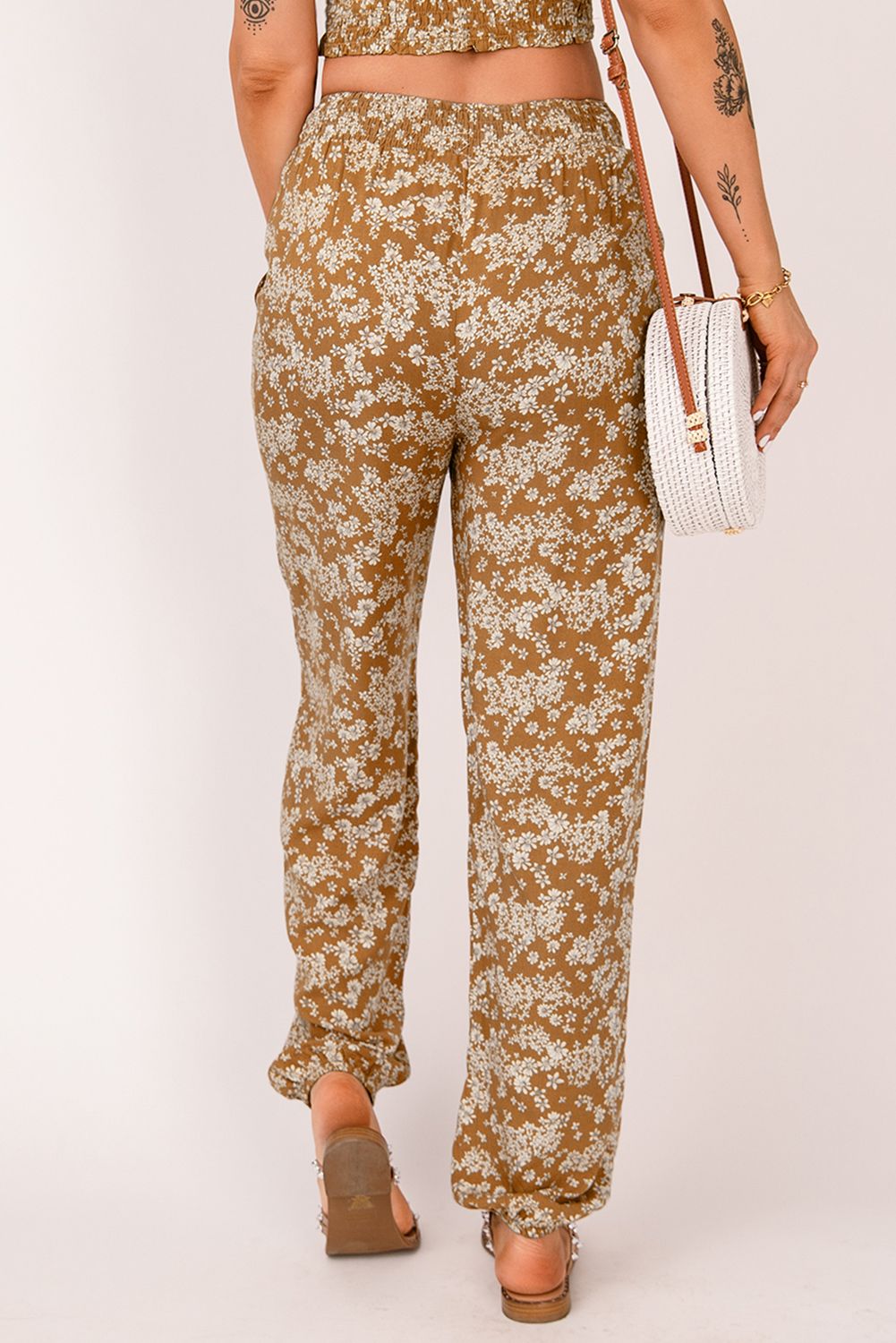Orange Boho Floral Print Elastic Waist Jogger Pants