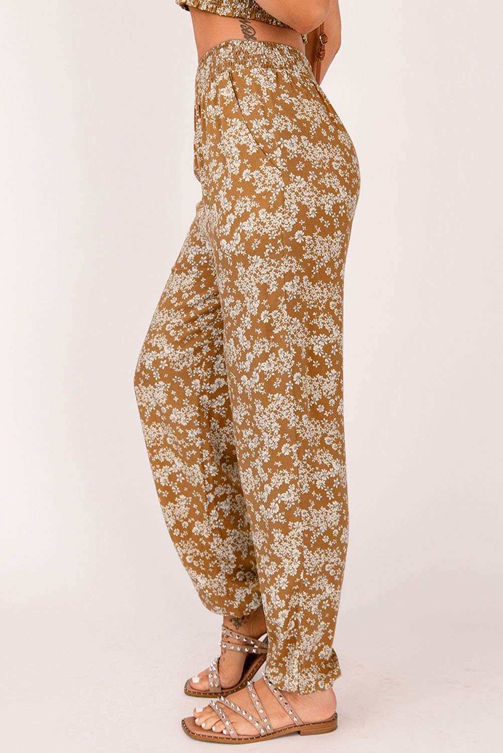 Orange Boho Floral Print Elastic Waist Jogger Pants