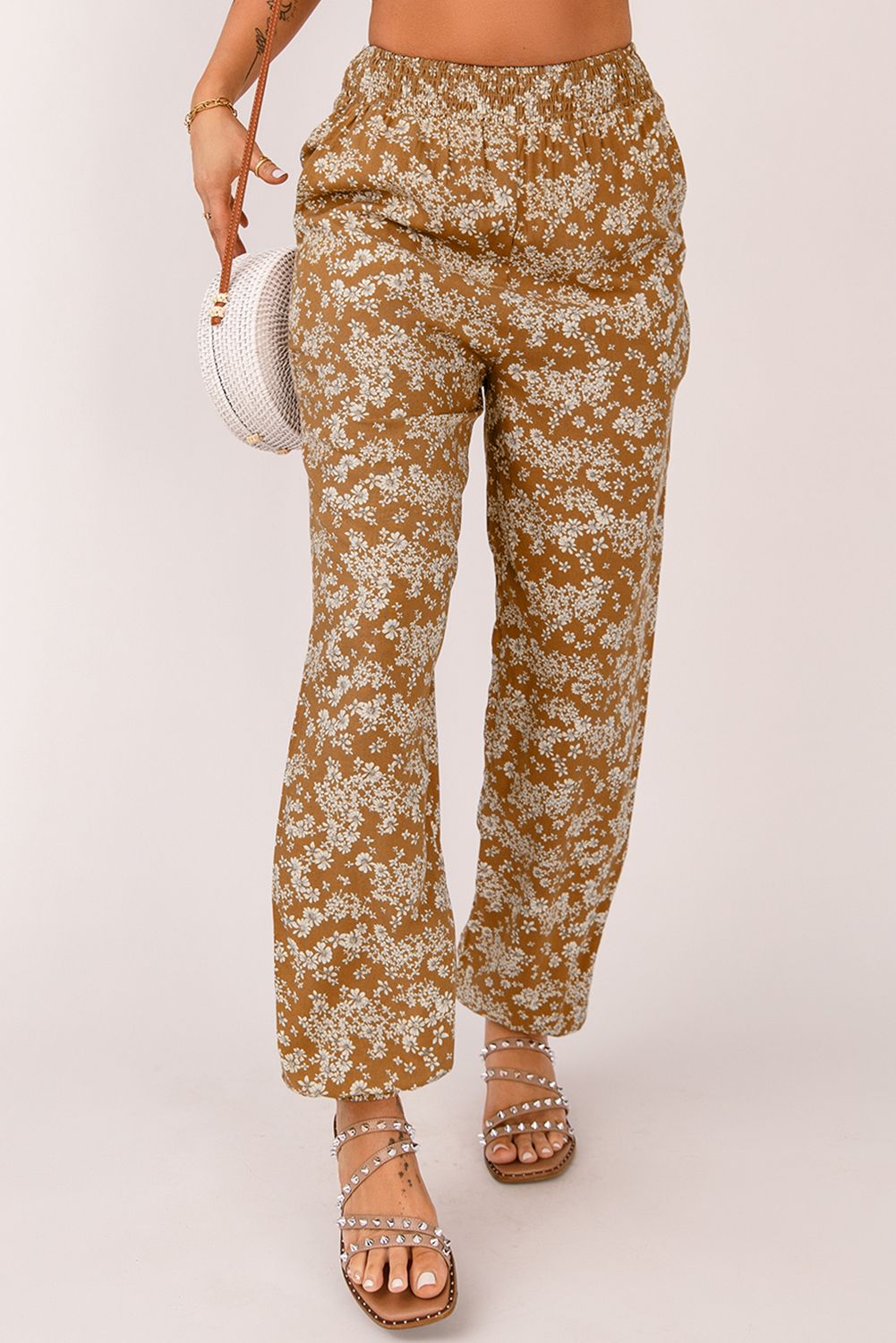Orange Boho Floral Print Elastic Waist Jogger Pants