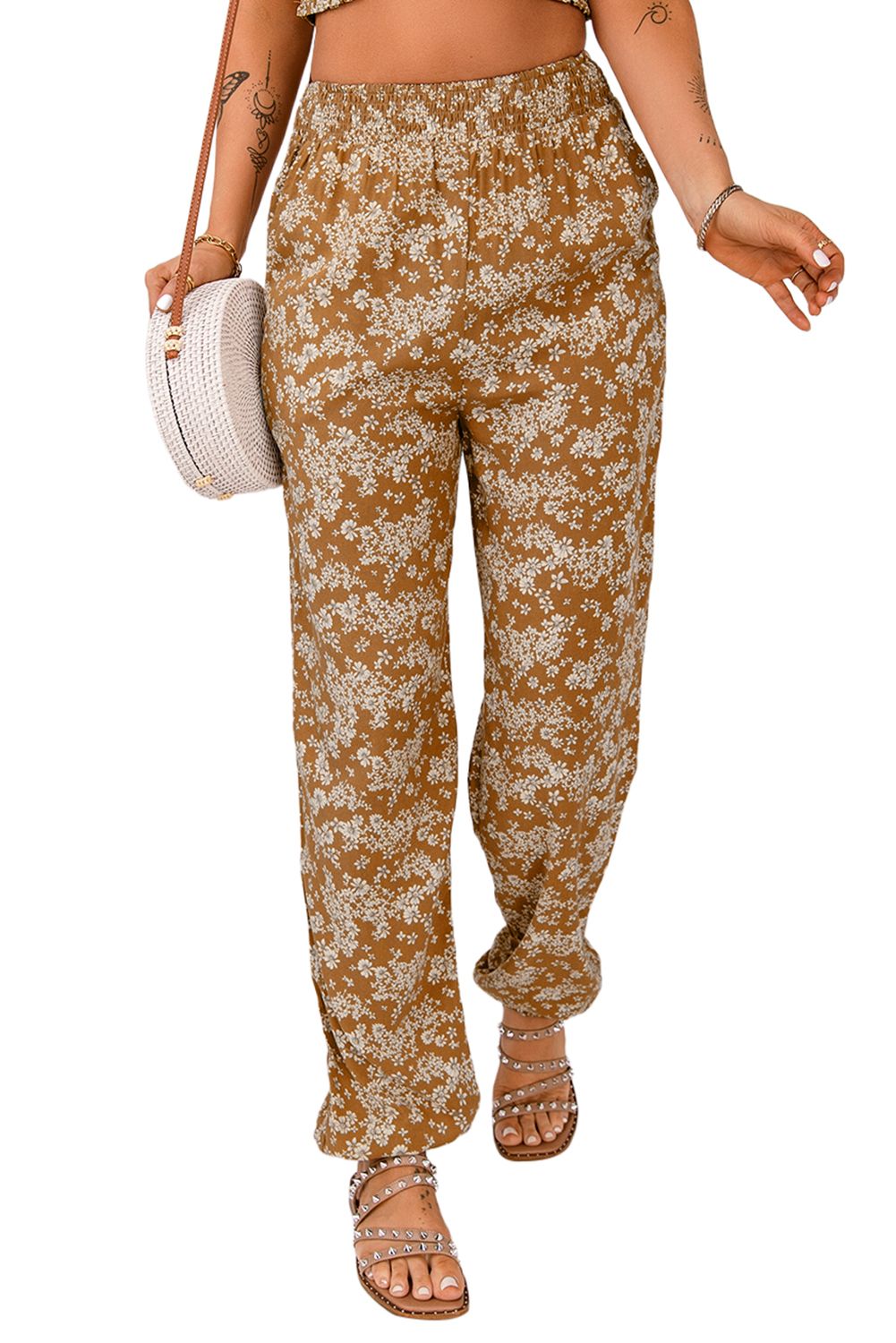 Orange Boho Floral Print Elastic Waist Jogger Pants