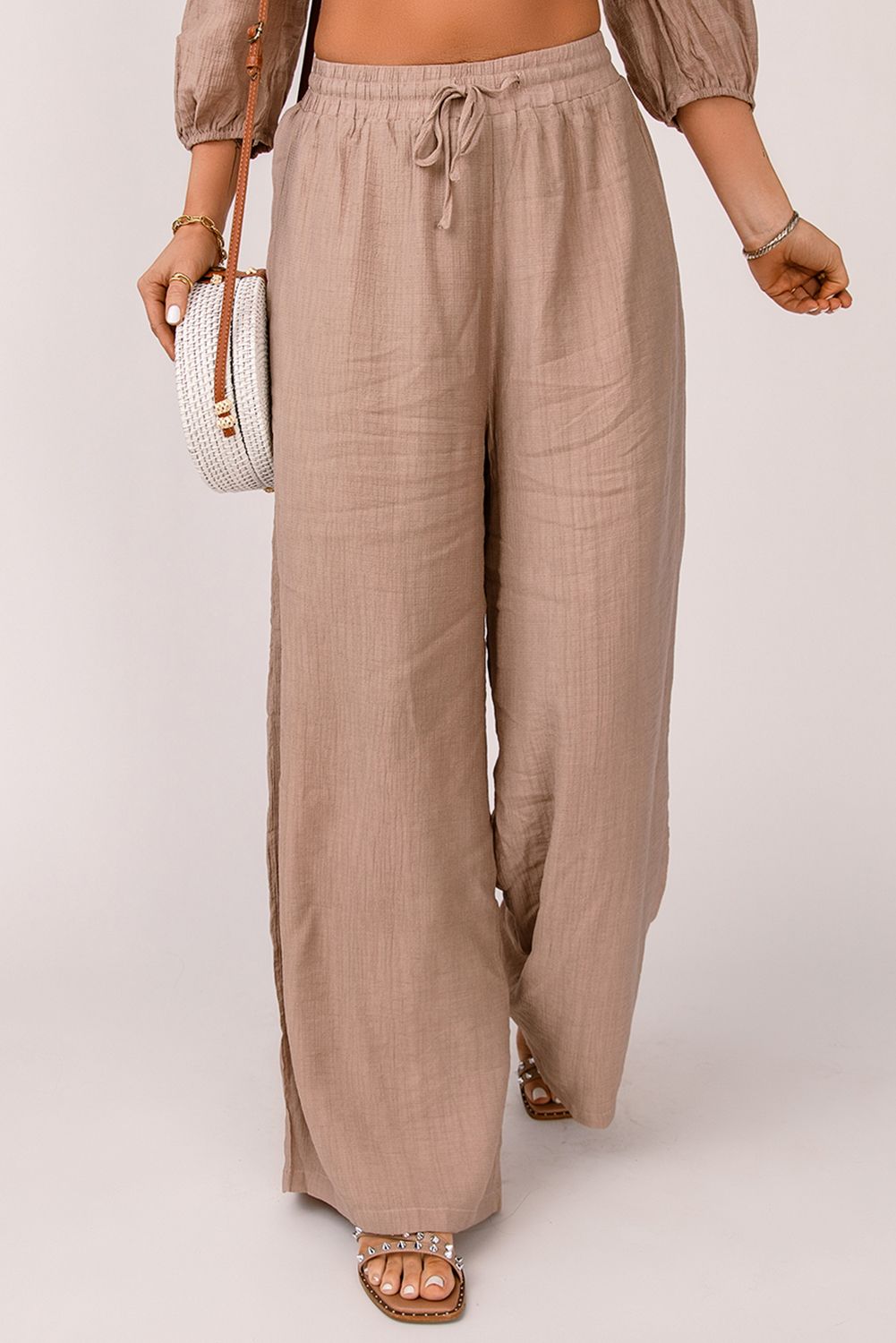 Khaki High Waist Drawstring Wide Leg Casual Pants
