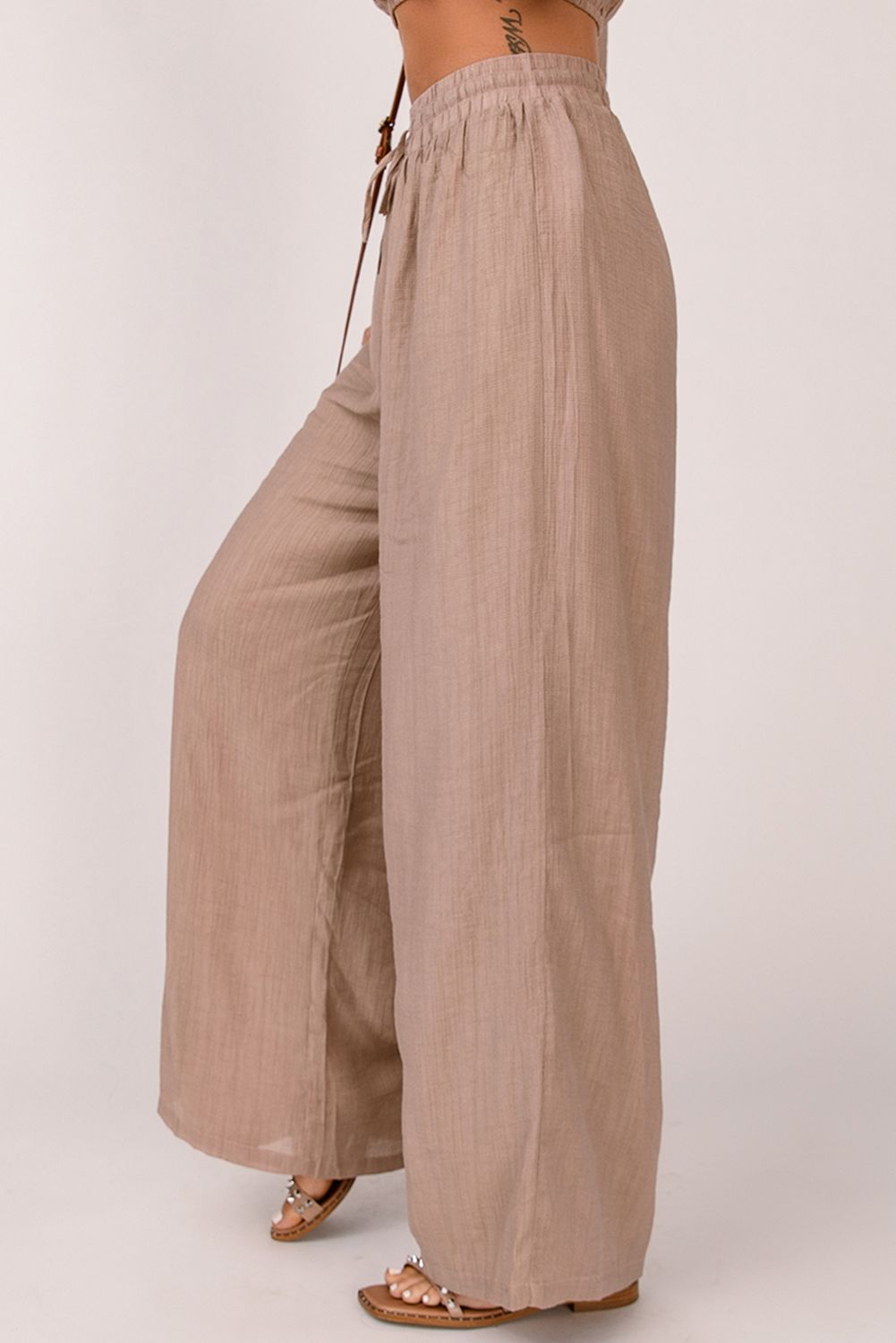 Khaki High Waist Drawstring Wide Leg Casual Pants