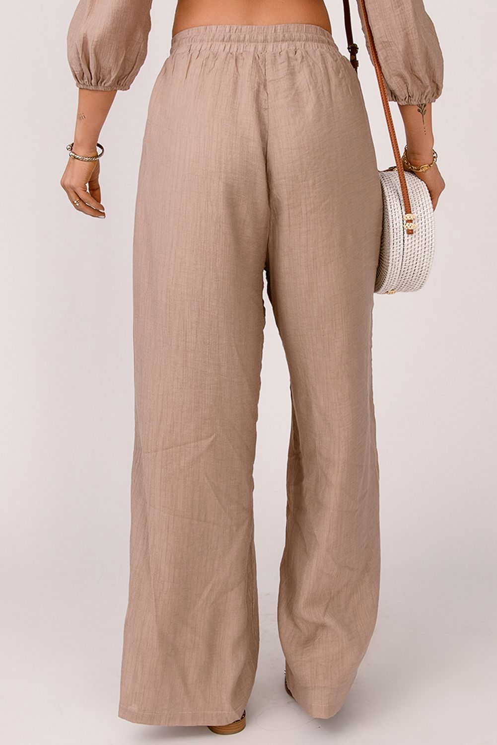 Khaki High Waist Drawstring Wide Leg Casual Pants