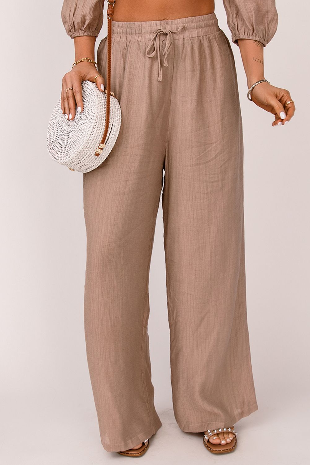 Khaki High Waist Drawstring Wide Leg Casual Pants
