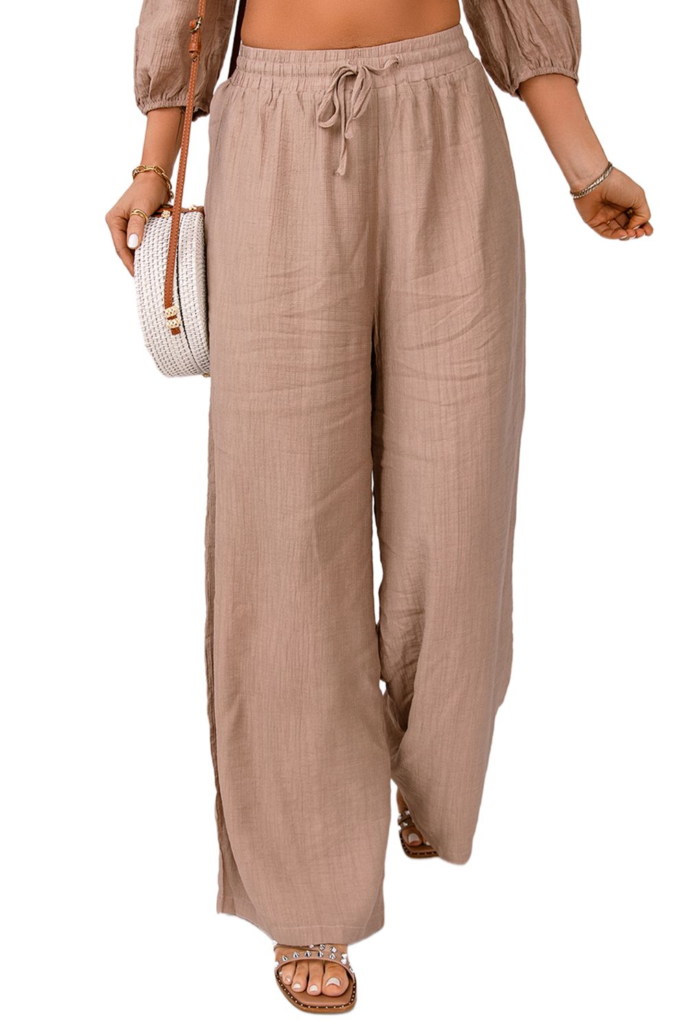 Khaki High Waist Drawstring Wide Leg Casual Pants
