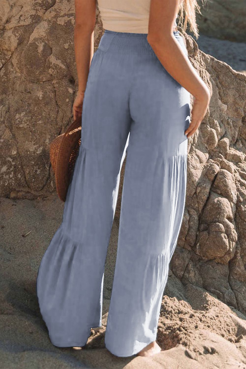 Blue Smocked Waist Palazzo Pants with Tie