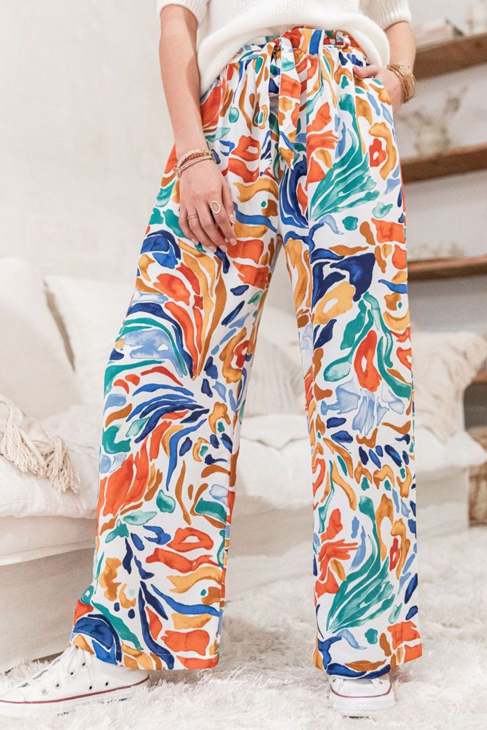 Multicolor Printed Belted High Waist Straight Leg Pants