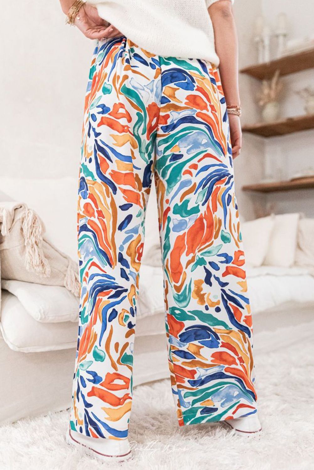 Multicolor Printed Belted High Waist Straight Leg Pants
