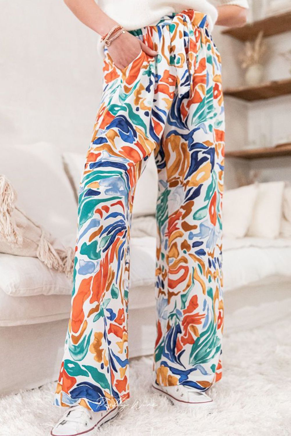 Multicolor Printed Belted High Waist Straight Leg Pants