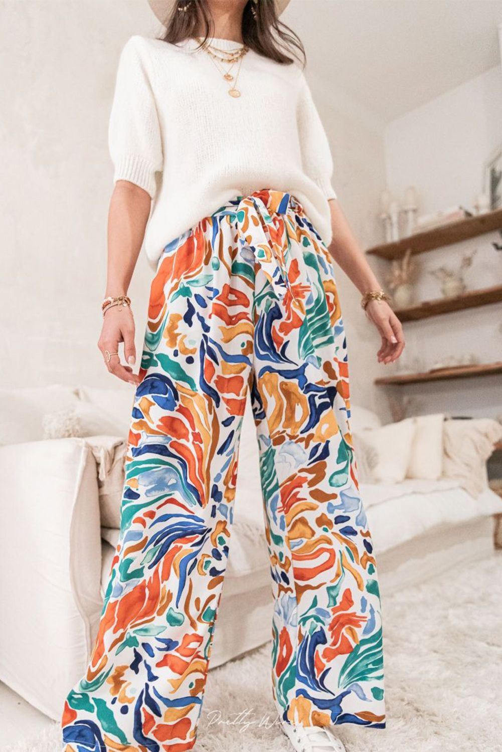 Multicolor Printed Belted High Waist Straight Leg Pants