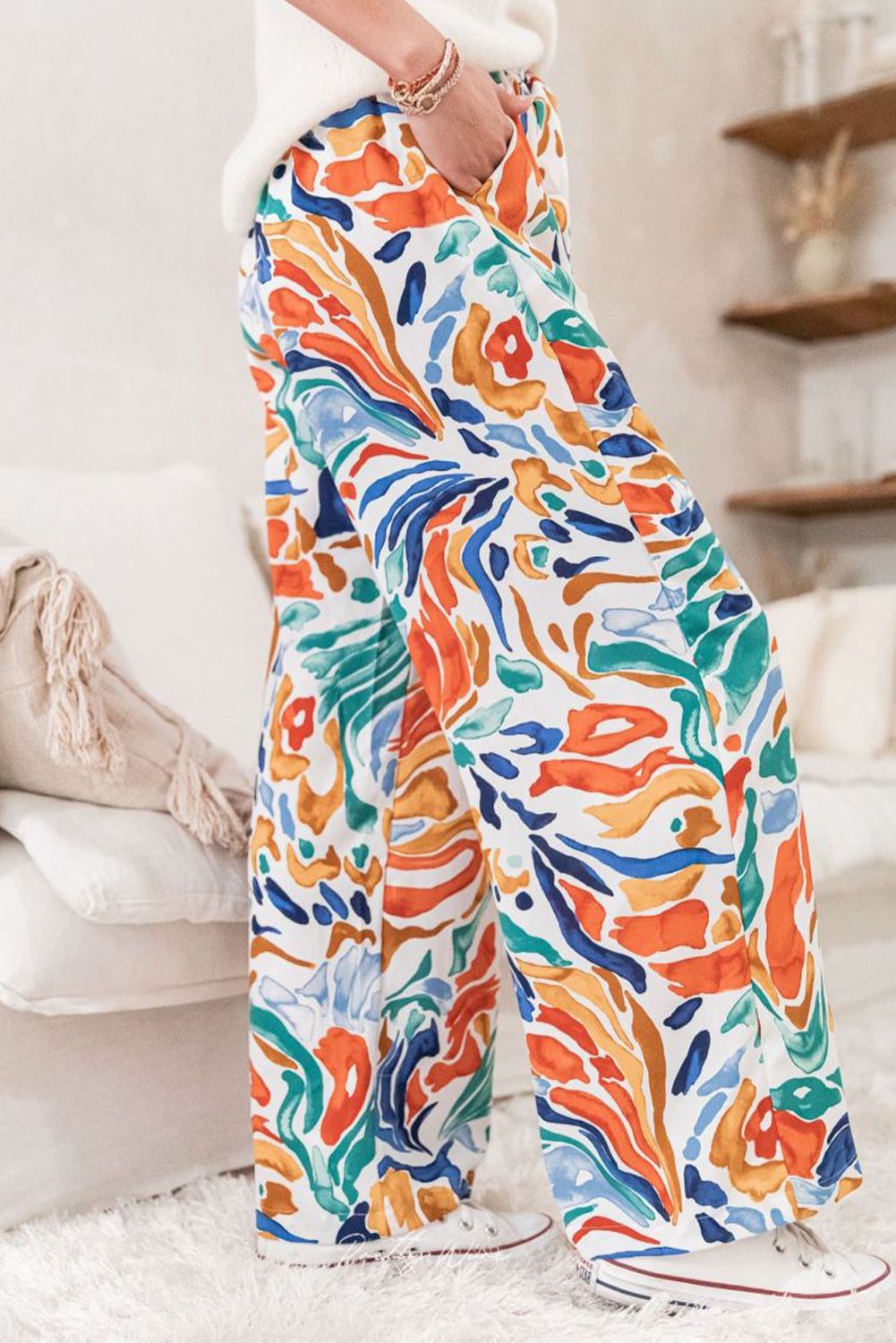 Multicolor Printed Belted High Waist Straight Leg Pants