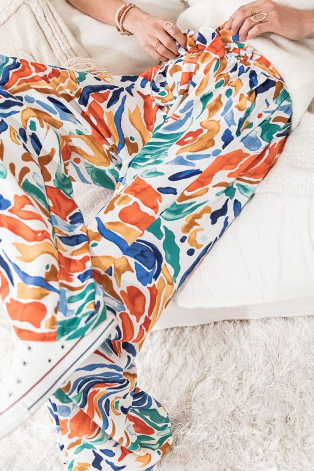Multicolor Printed Belted High Waist Straight Leg Pants