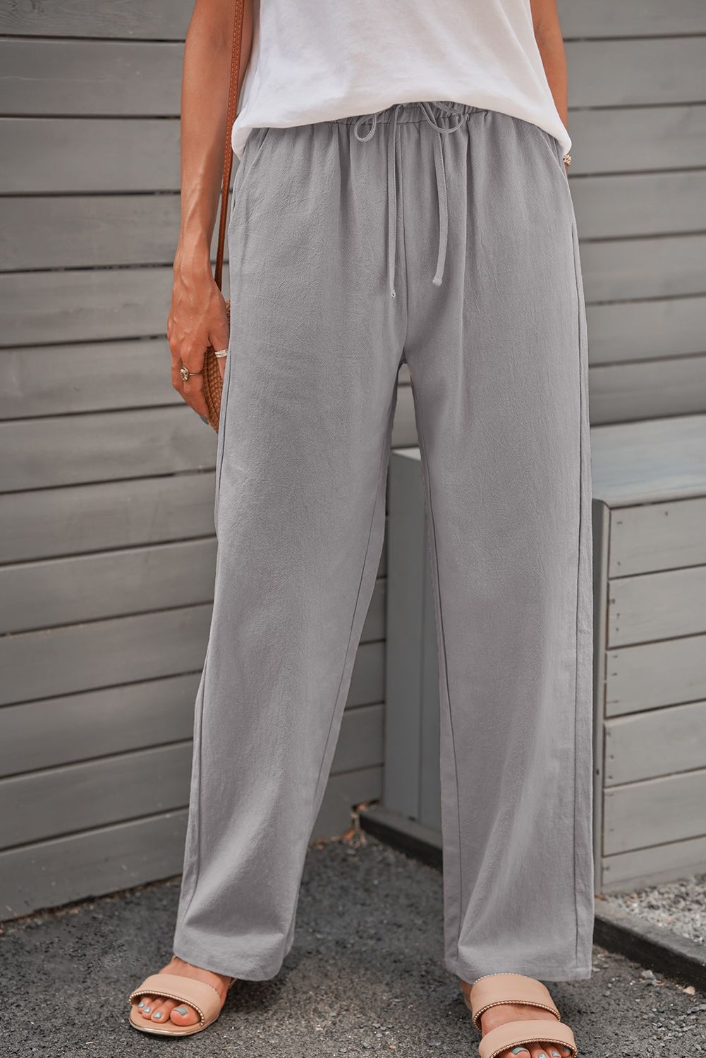 Gray Drawstring Elastic Waist Pockets Long Straight Legs Pants