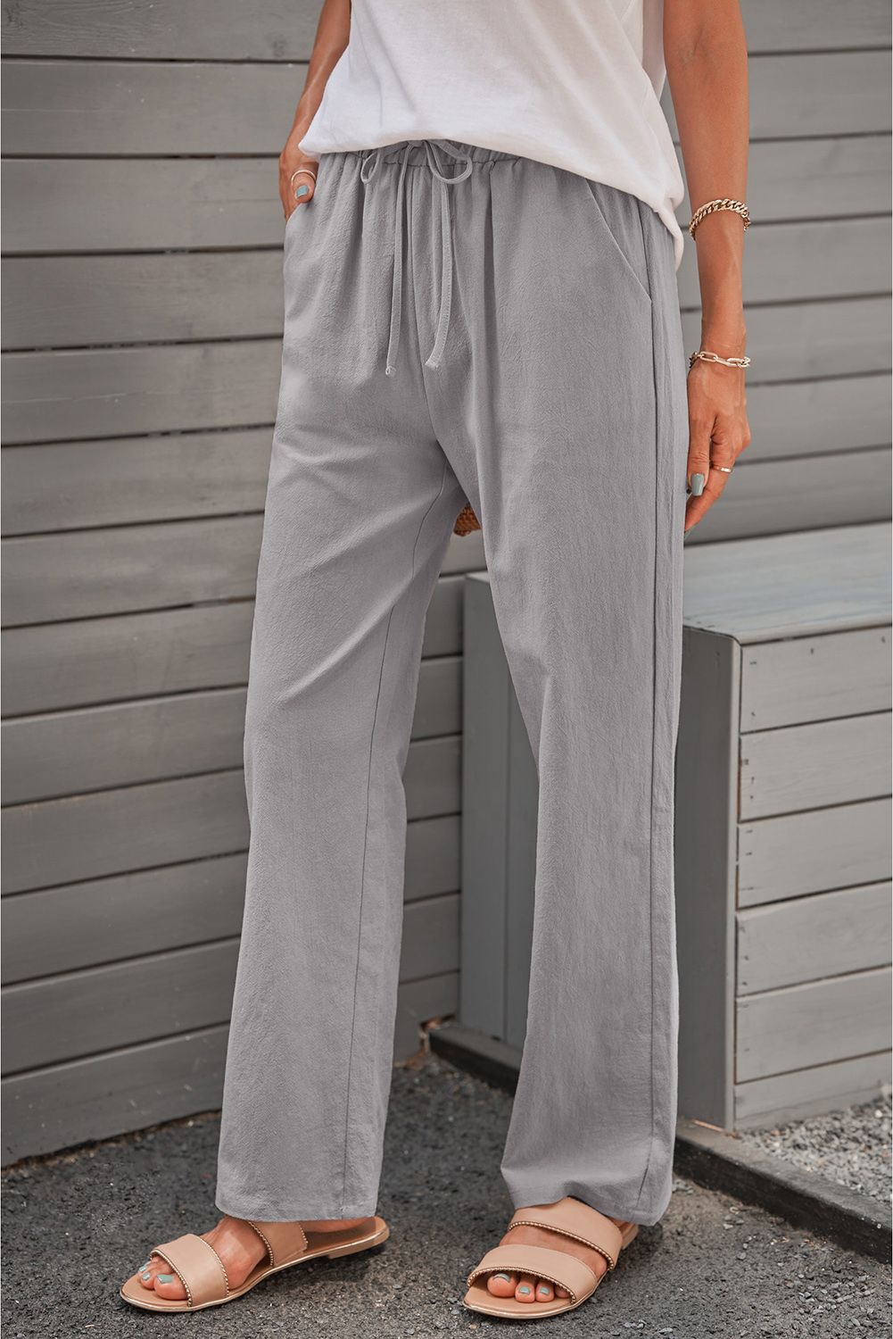 Gray Drawstring Elastic Waist Pockets Long Straight Legs Pants
