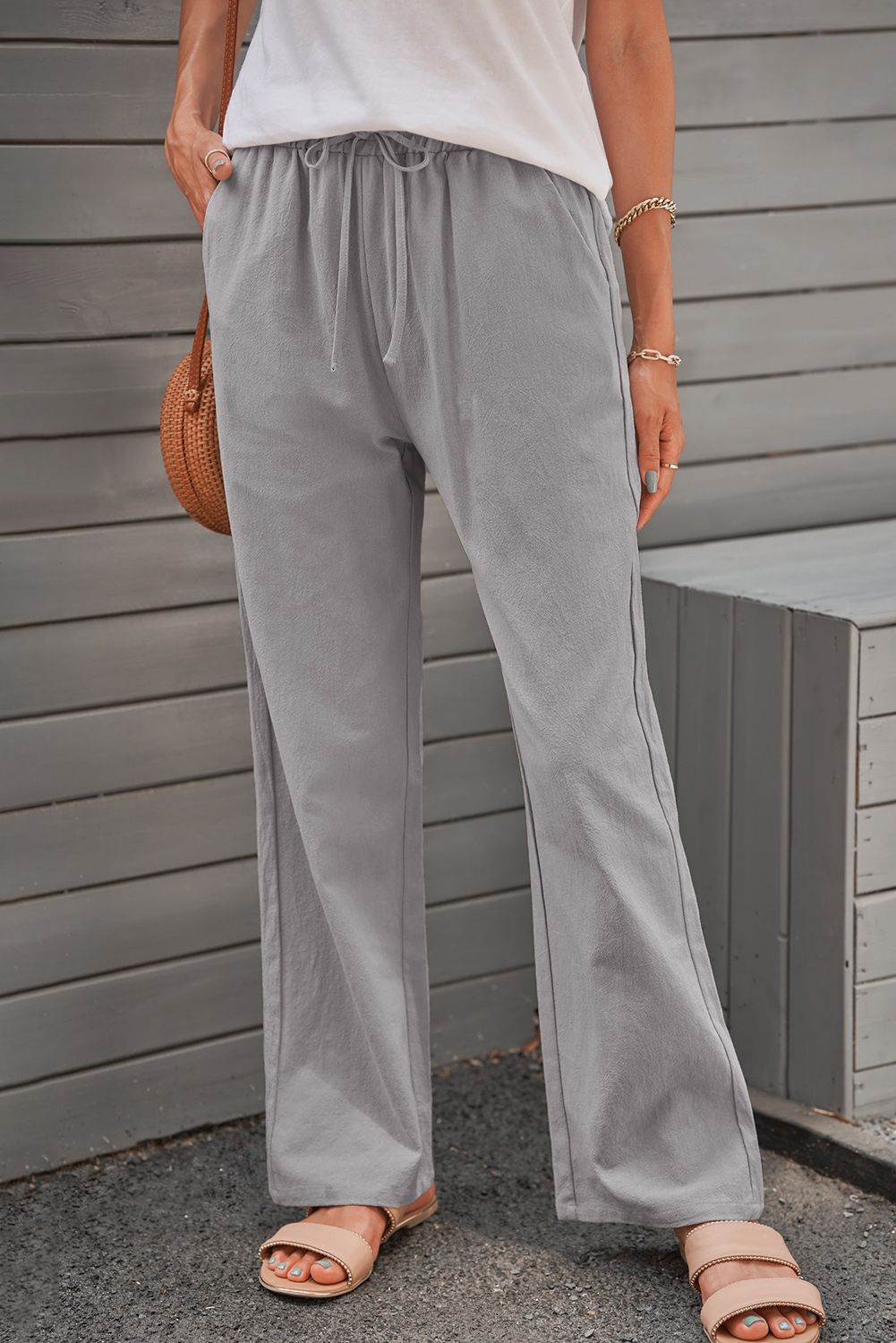 Gray Drawstring Elastic Waist Pockets Long Straight Legs Pants