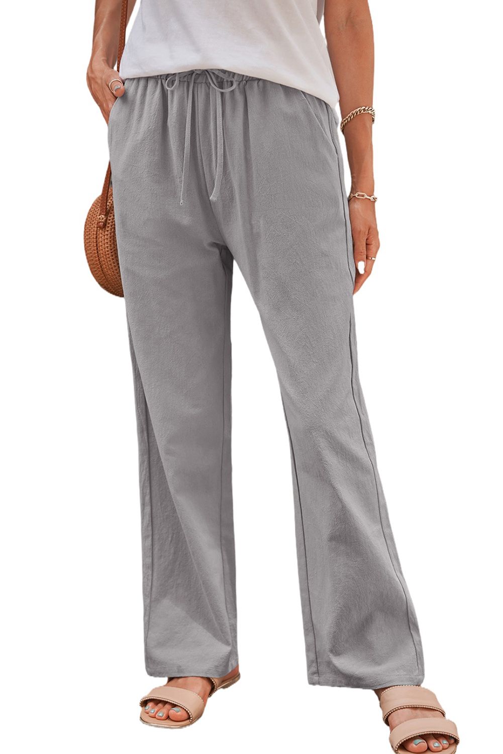 Gray Drawstring Elastic Waist Pockets Long Straight Legs Pants