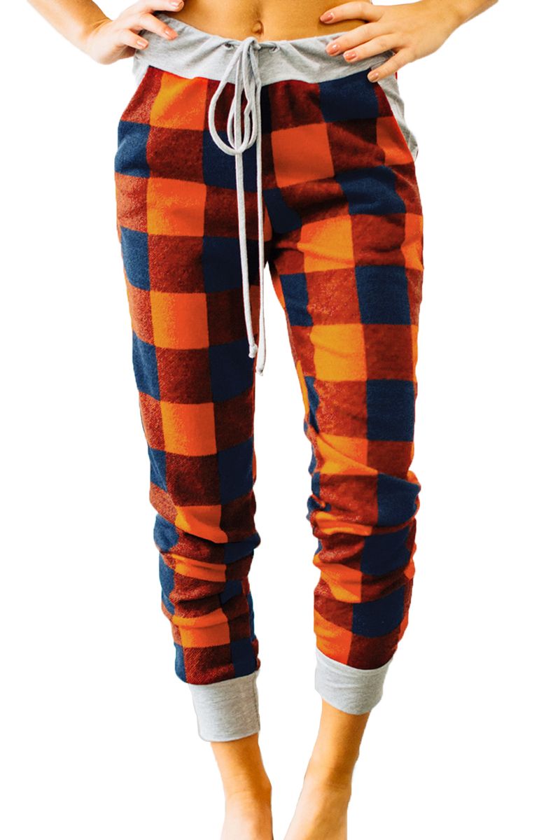 Orange Navy Buffalo Plaid Jogger Pants
