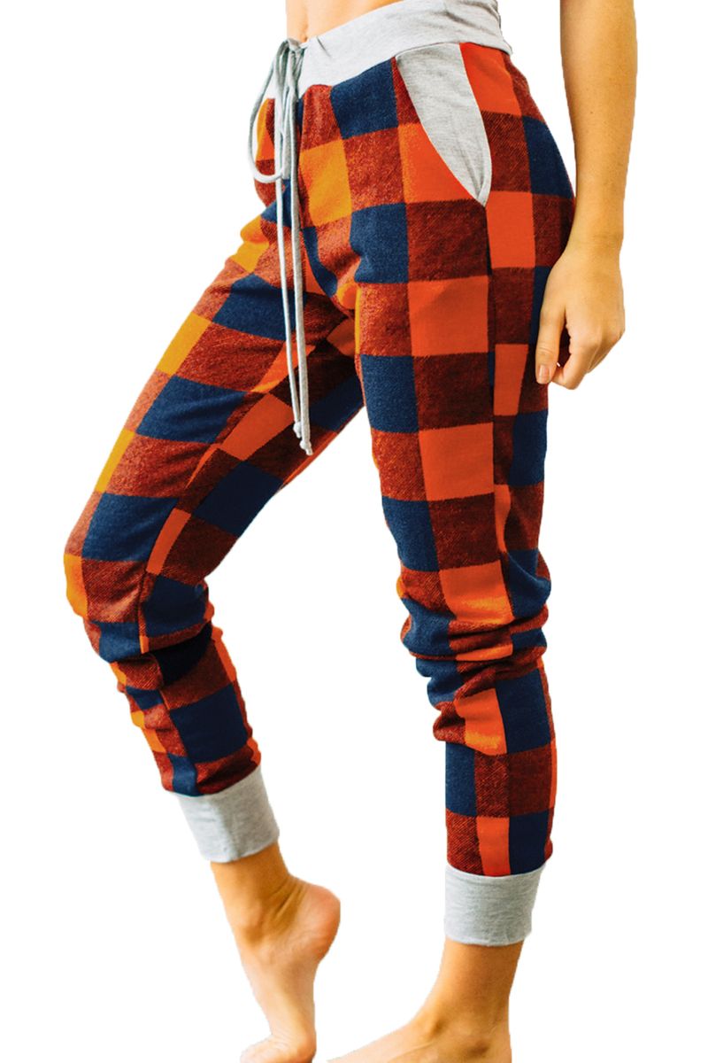 Orange Navy Buffalo Plaid Jogger Pants