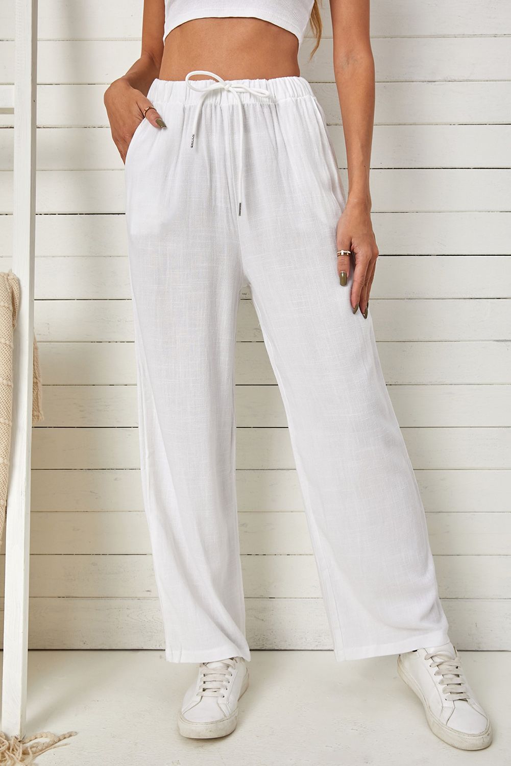 White High Waist Drawstring Wide Legs Casual Pants