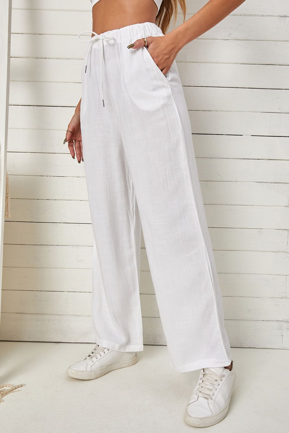 White High Waist Drawstring Wide Legs Casual Pants