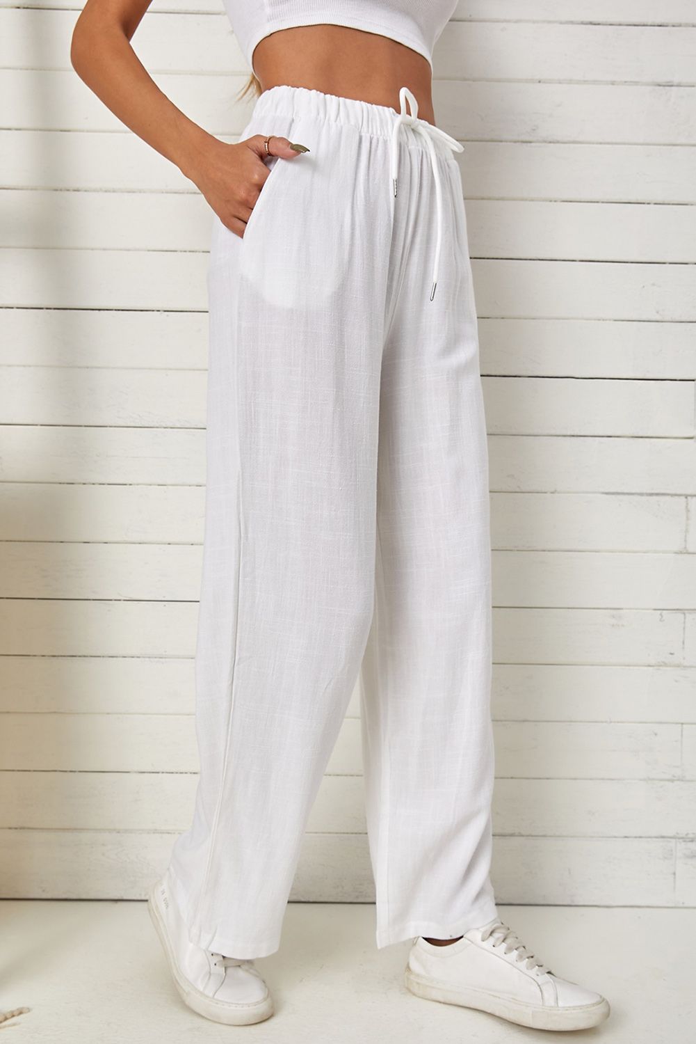 White High Waist Drawstring Wide Legs Casual Pants