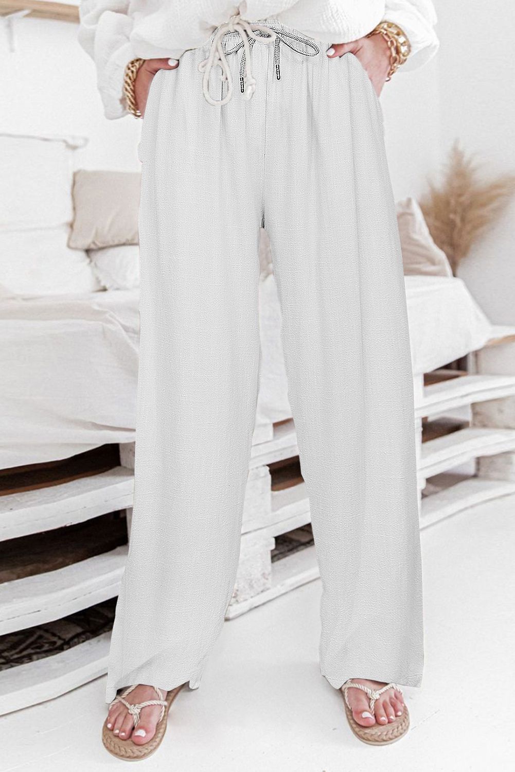 White High Waist Drawstring Wide Legs Casual Pants