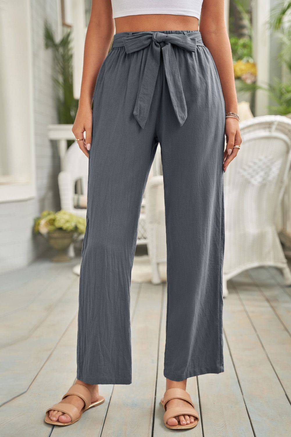 Gray Elastic Waist Drawstring Wide Leg Pants