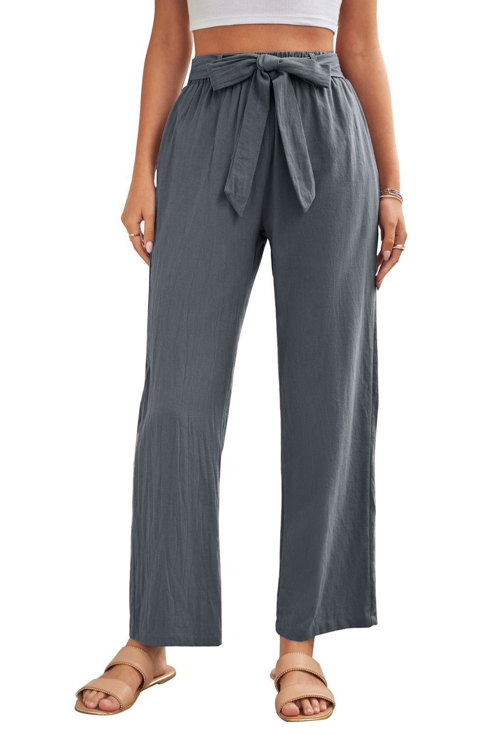 Gray Elastic Waist Drawstring Wide Leg Pants