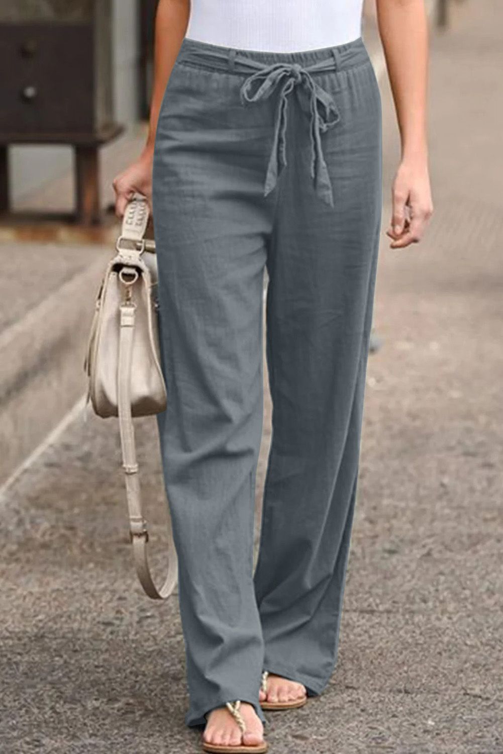 Gray Elastic Waist Drawstring Wide Leg Pants