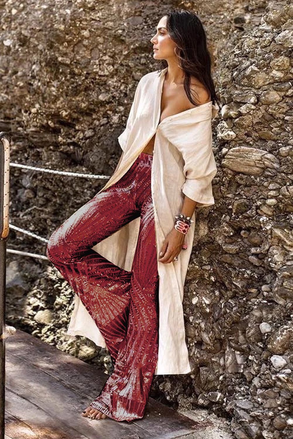 Red Sequin Wide Leg Pants