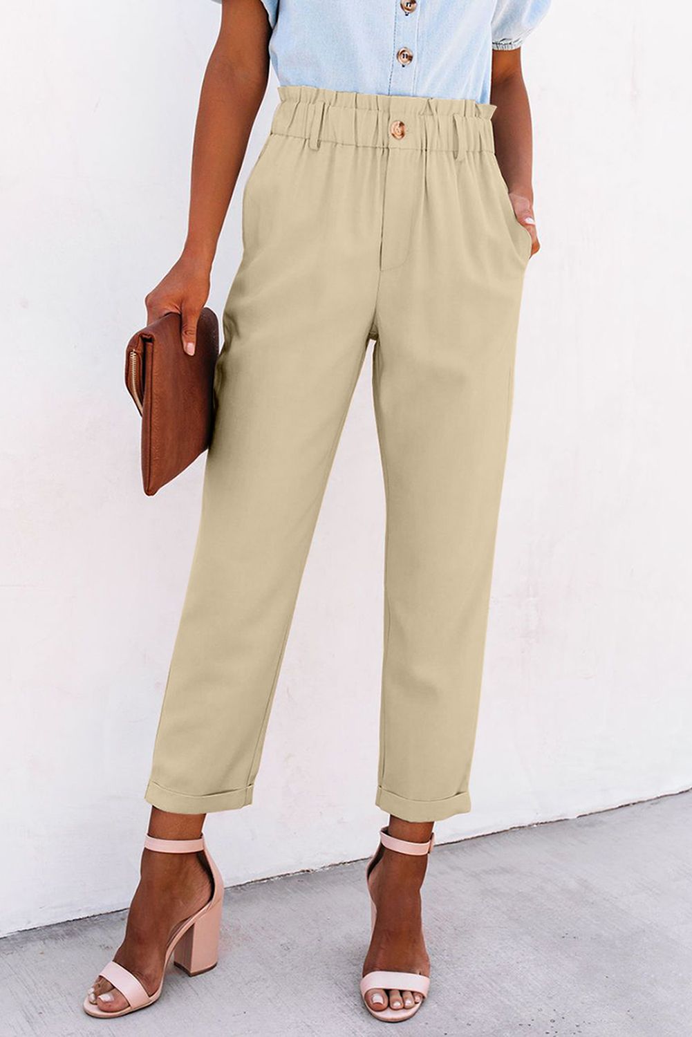Beige High Rise Paper Bag Waist Pocketed Casual Pants