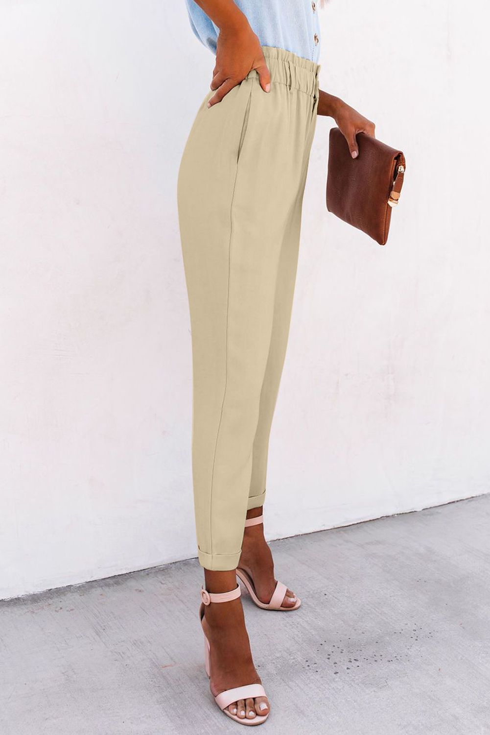 Beige High Rise Paper Bag Waist Pocketed Casual Pants