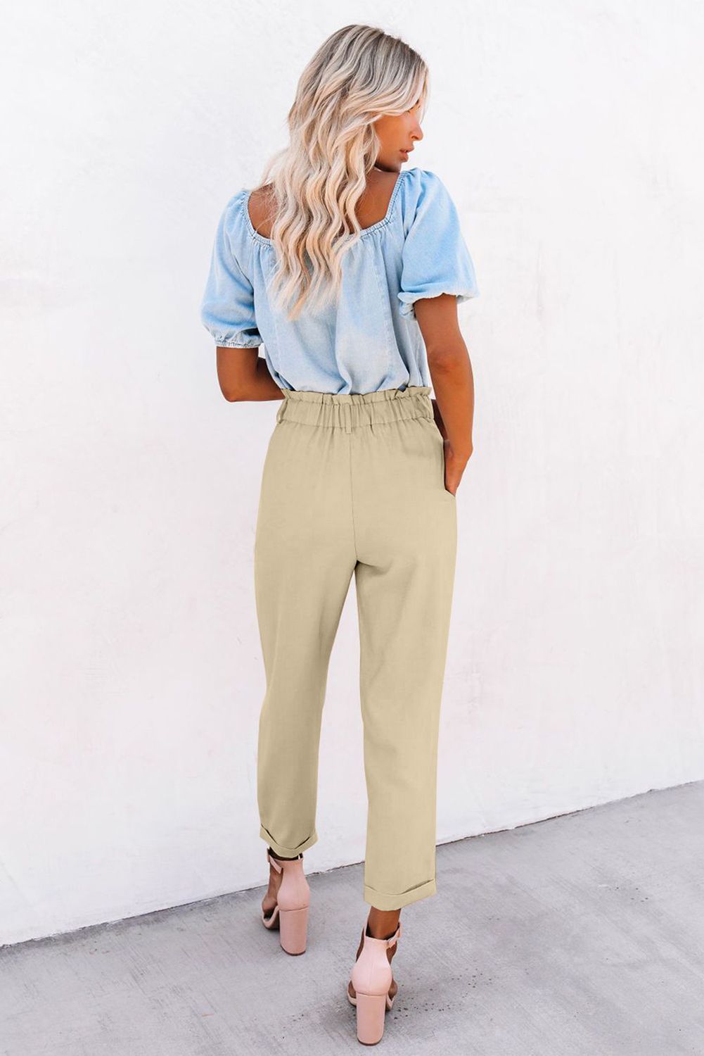 Beige High Rise Paper Bag Waist Pocketed Casual Pants