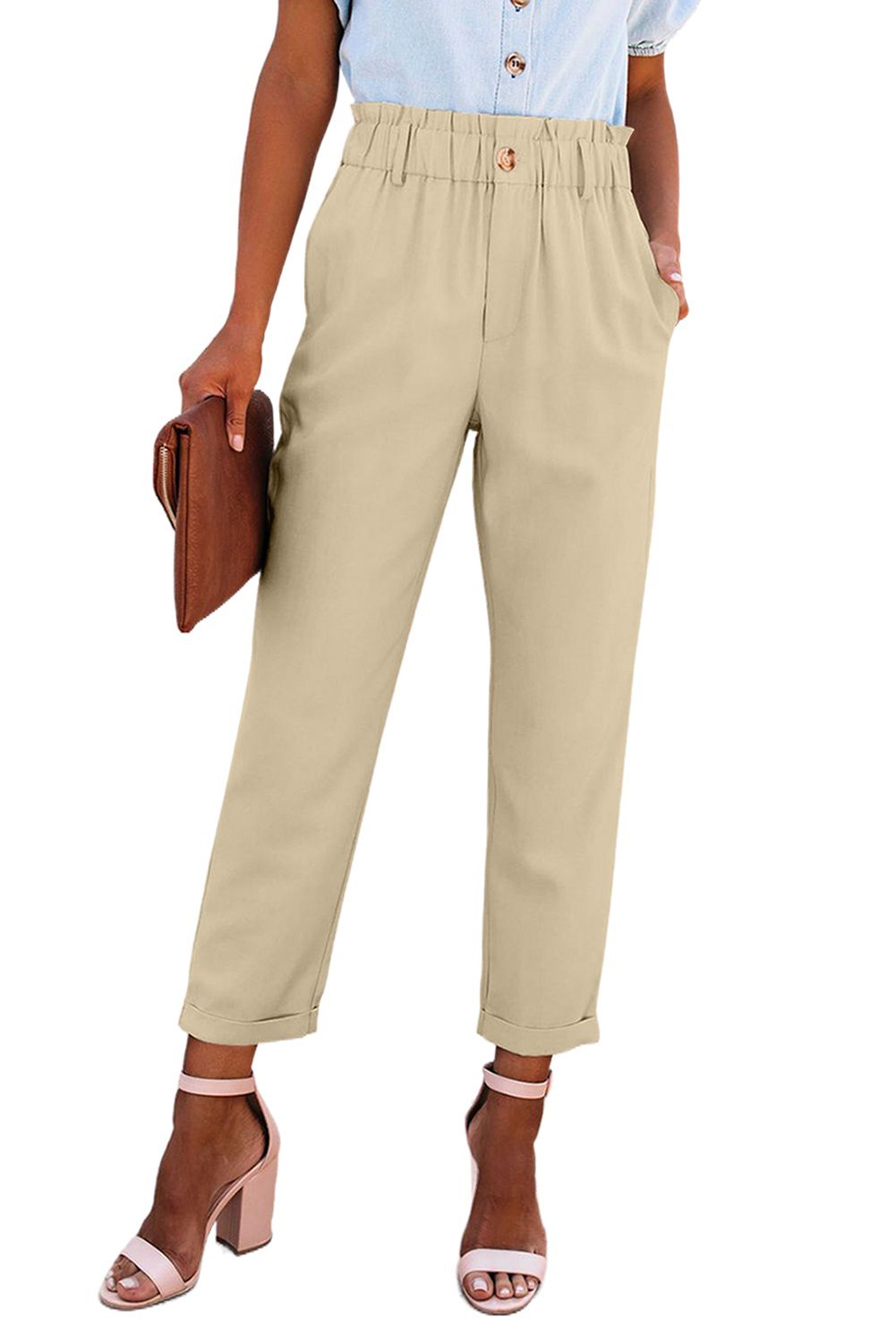 Beige High Rise Paper Bag Waist Pocketed Casual Pants