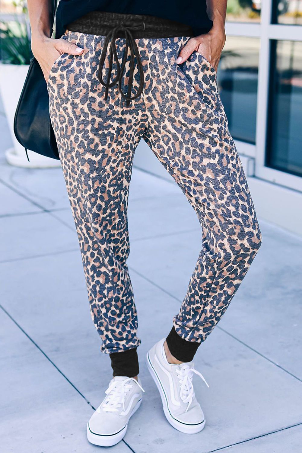 Leopard Print Drawstring Joggers with Side Pocket