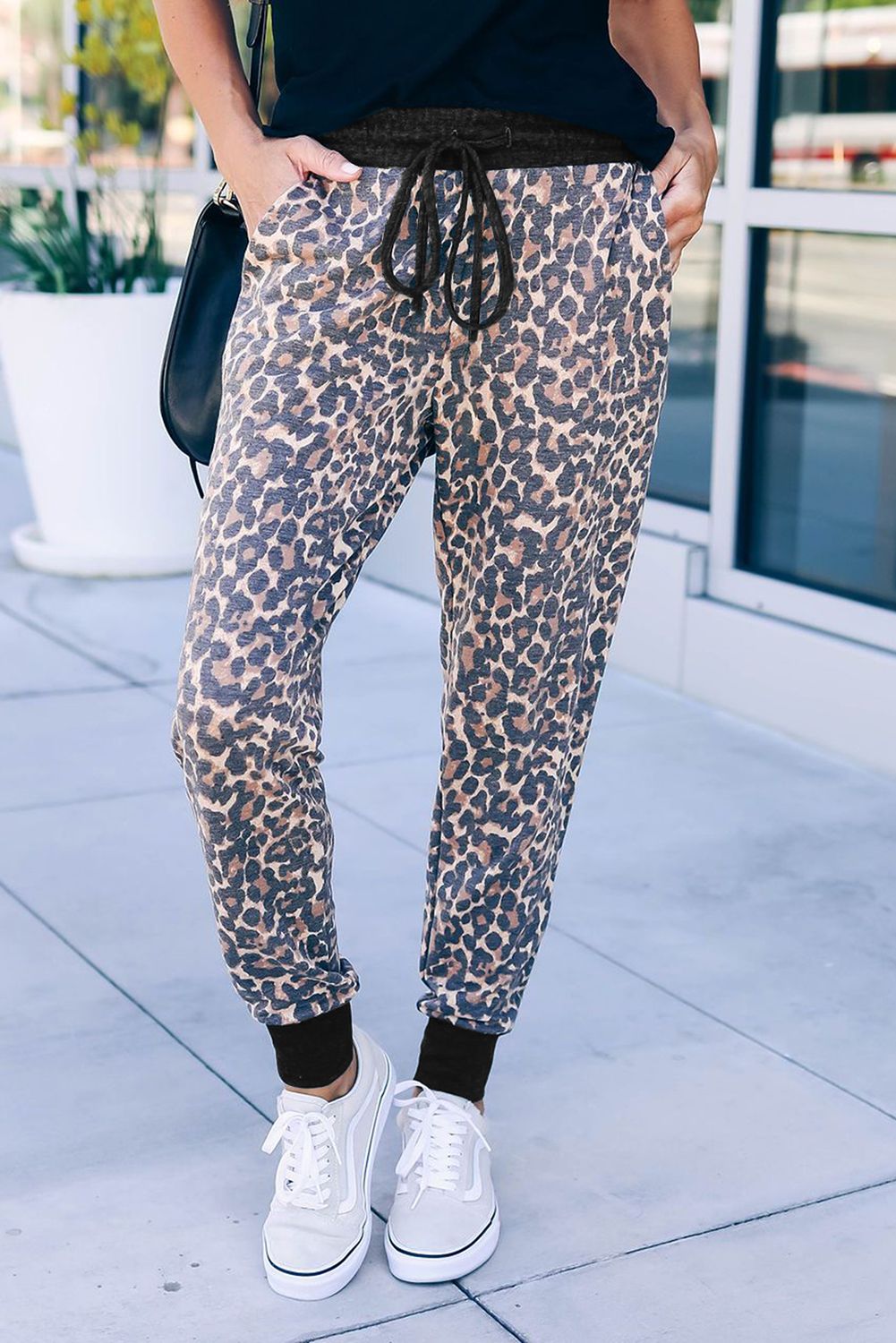 Leopard Print Drawstring Joggers with Side Pocket