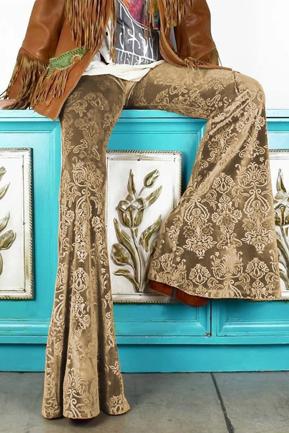 Brown Floral Velvet Baroque Flare Pants