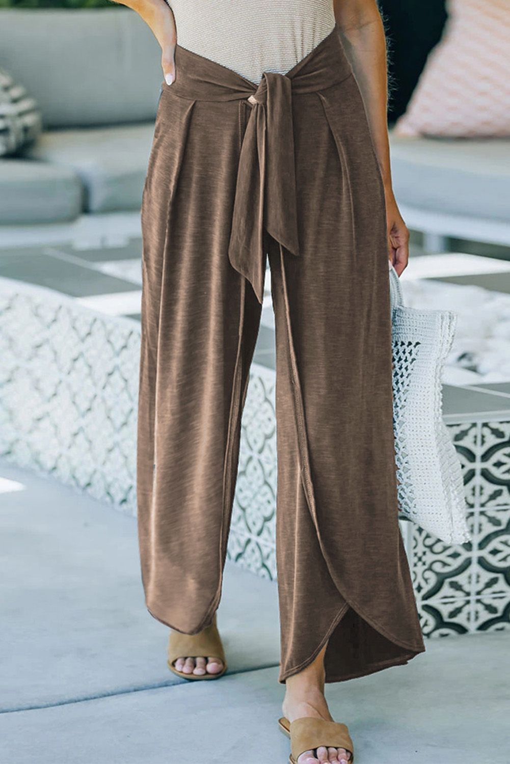 Brown Solid Tie Waist Palazzo Pants
