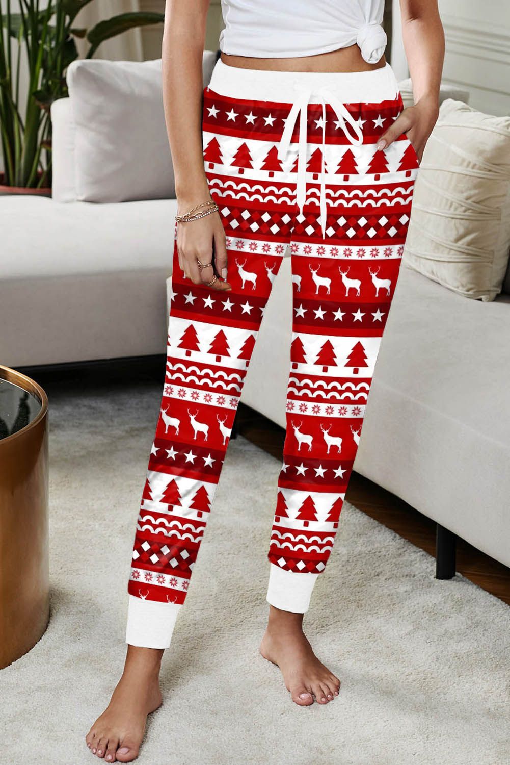 Christmas Pattern Print Elastic Waist Straight Leg Pants