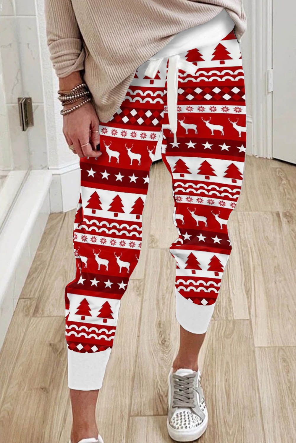 Christmas Pattern Print Elastic Waist Straight Leg Pants